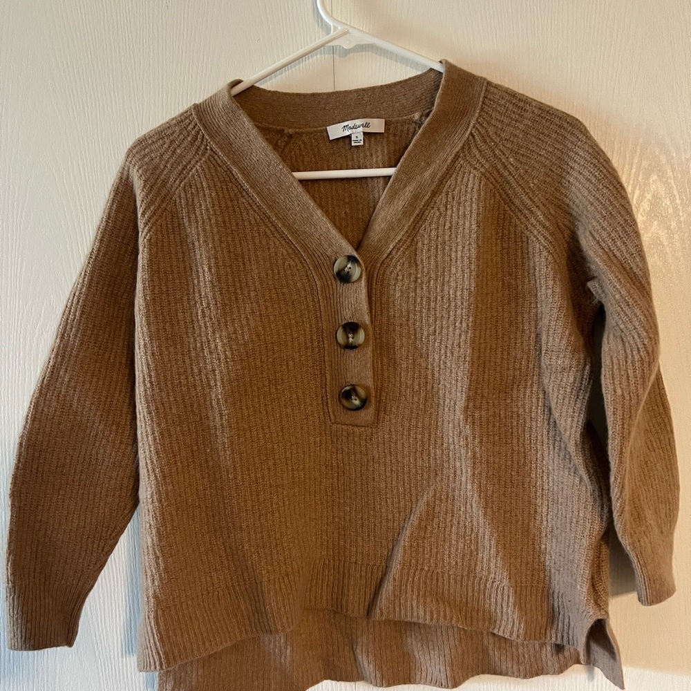 Madewell Cozy Brown Ribbed V-Neck Button Pullover